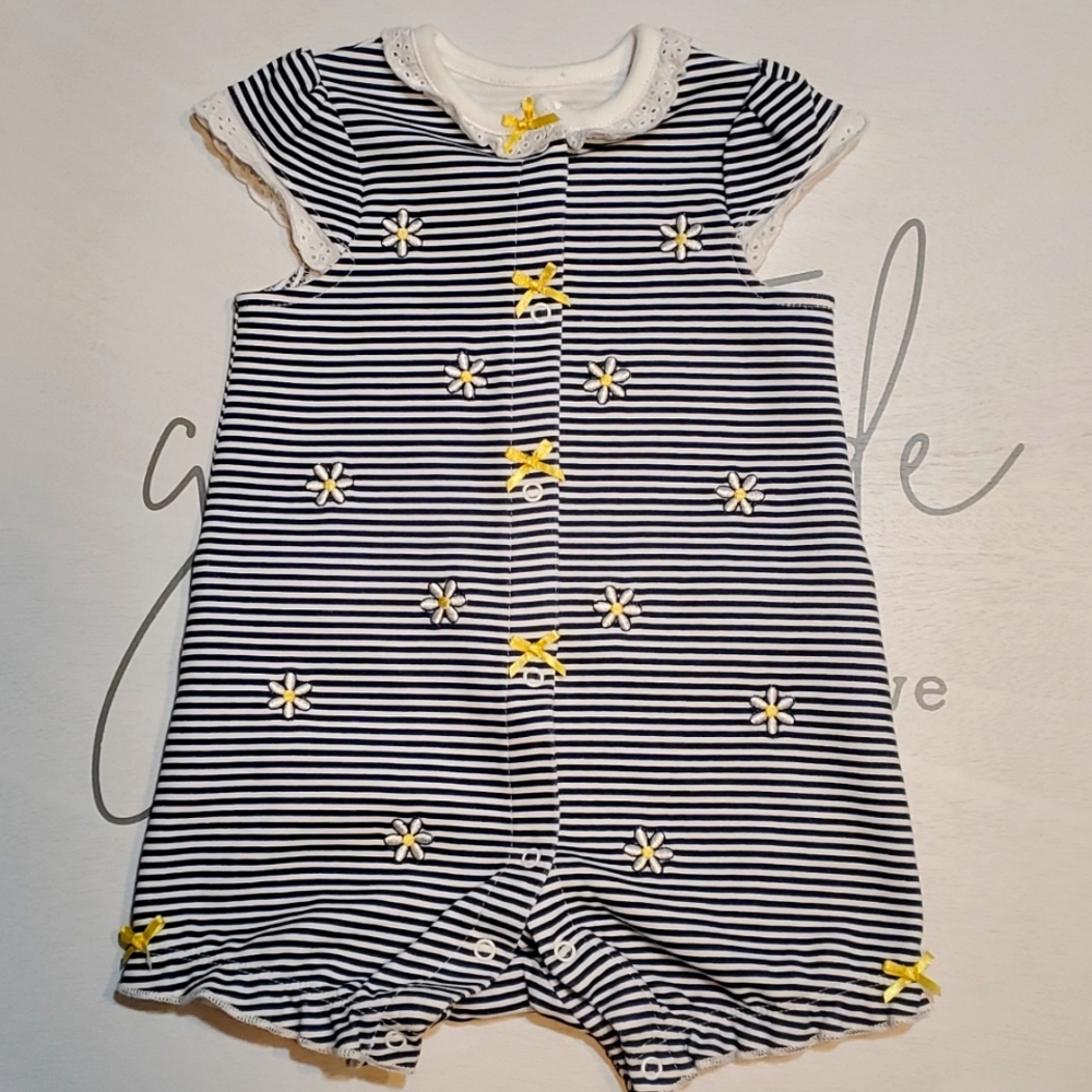 Little Me Short Sleeved Striped Jumper with Daisies and Yellow Bows, 6m